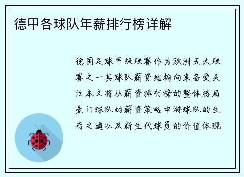 德甲各球队年薪排行榜详解