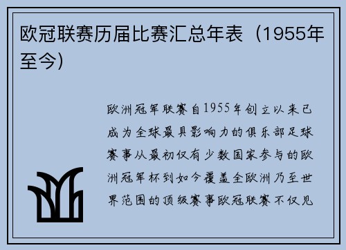 欧冠联赛历届比赛汇总年表（1955年至今）