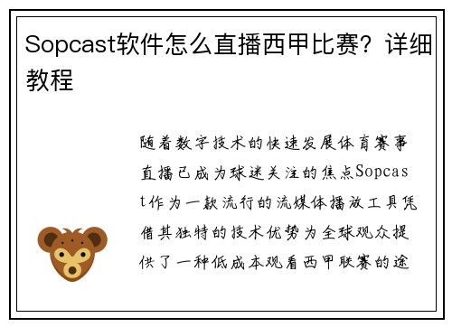 Sopcast软件怎么直播西甲比赛？详细教程